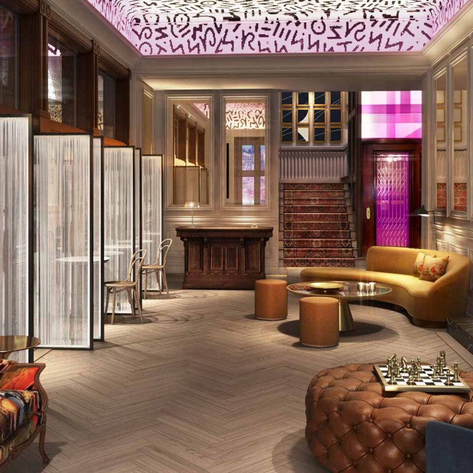 rendering of Gladstone House lobby with graphic painted ceiling and mid century modern furniture