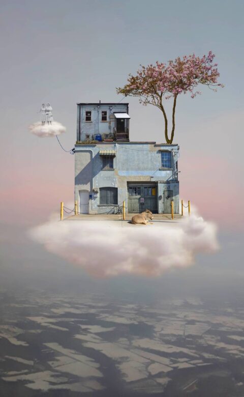 a painting of a small house floating on a cloud