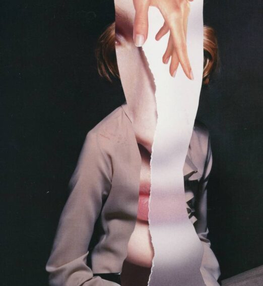Surreal collage of a seated person whose face is obscured by torn strips showing overlapping hands.