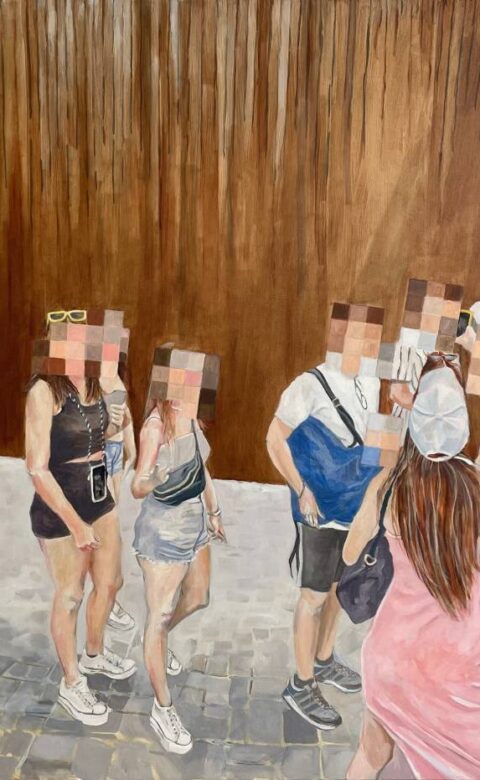 Artwork depicting a group of people gathered outdoors against a large wooden wall, with pixelated faces.