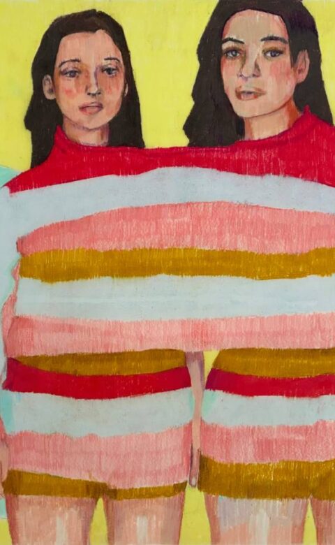 Illustrated portrait of two women in matching striped outfits against a bright yellow and turquoise background.