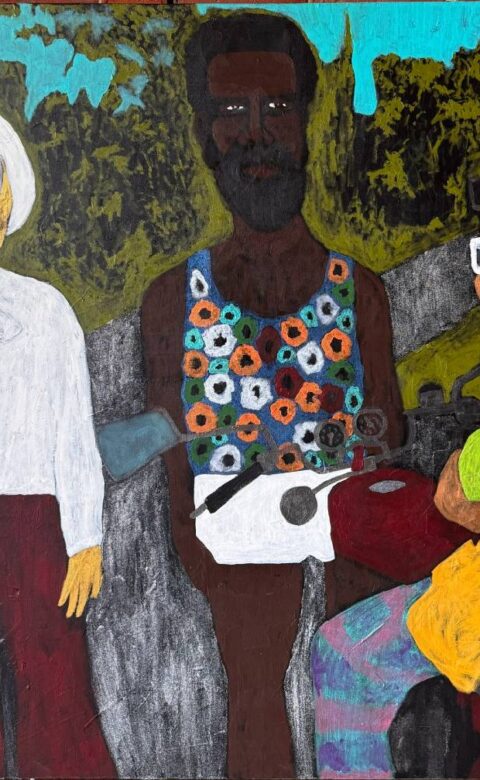 Colourful painting of three people posing together outdoors, featuring bold patterns, glasses, and vibrant clothing.