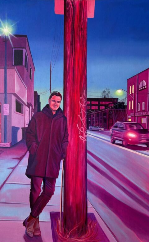 Painting of a person leaning against a utility pole on a city street at dusk, rendered in vivid pink, purple, and blue tones.